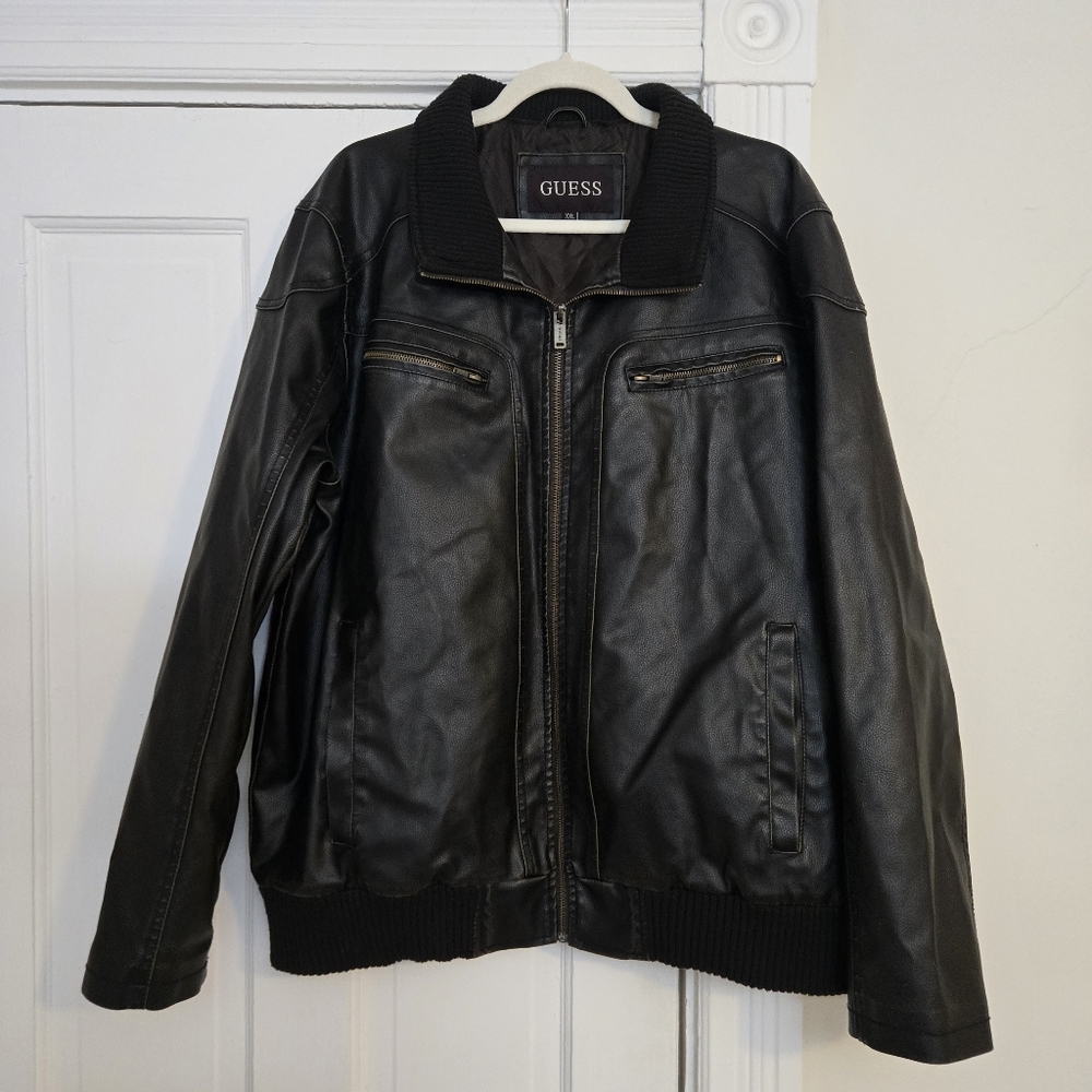 GUESS Men’s Black Bomber Coat | XXL | Vegan Leather | Heavyweight | Timeless